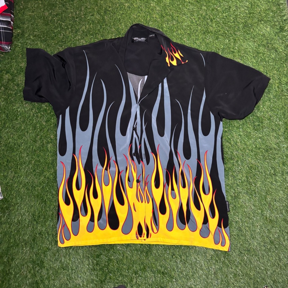 Dragonfly Clothing Company Mens Flame Print Button Up Shirt Black Yellow Y2K L